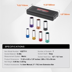 Iskevä pyöränmutterihylsysarja CR-MO-teräs 1/2-tuumainen 7 hylsyä 17–27 mm