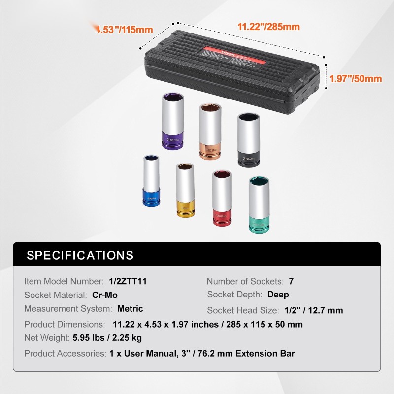 Iskevä pyöränmutterihylsysarja CR-MO-teräs 1/2-tuumainen 7 hylsyä 17–27 mm