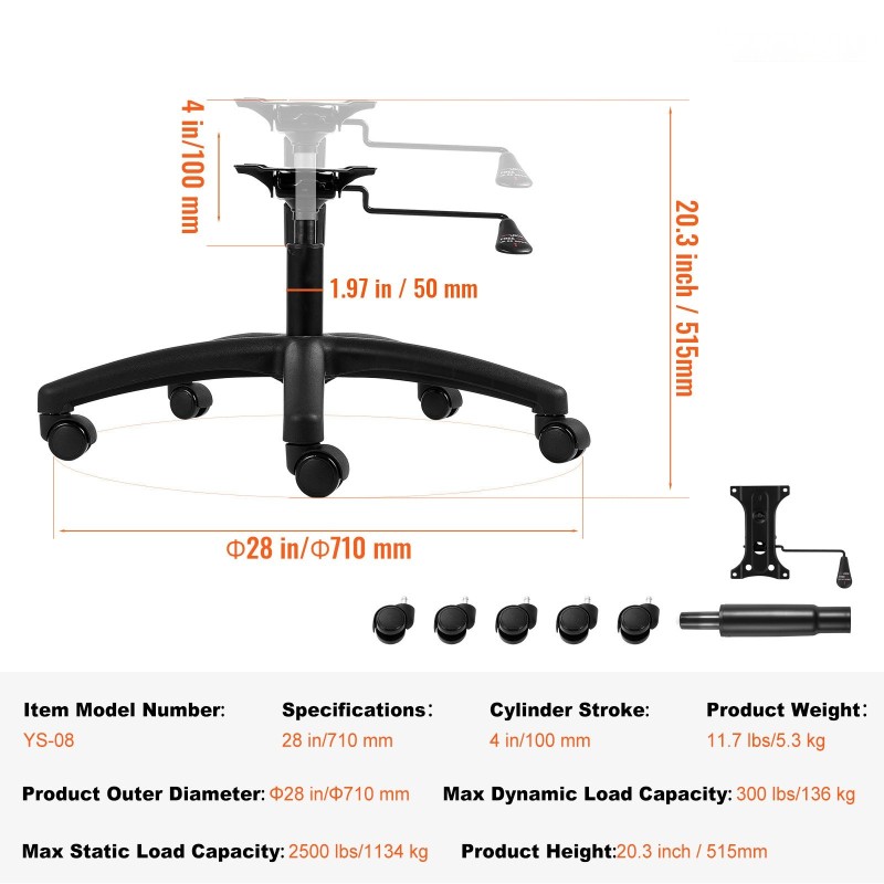 Toimistotuolin viisijalkainen jalkaristikko 710 mm halkaisija 1134 kg kantavuus 100 mm iskunpituus