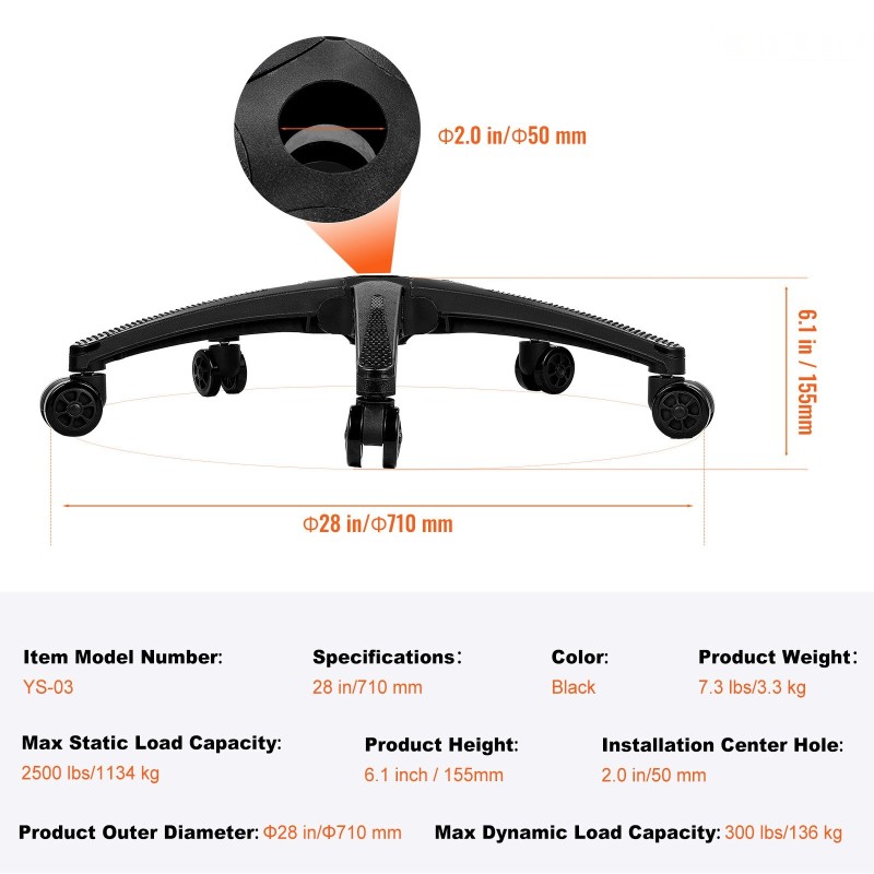 Toimistotuolin 28 tuuman jalkaristikko vahvistetut jalat 1134 kg kantavuus 5 rullaa musta