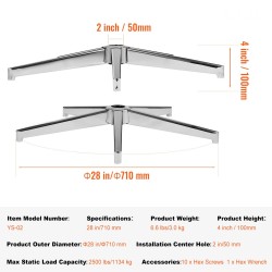 Toimistotuolin jalkaristikko viisisakarainen 28-tuumainen metallivahvistettu 1134 kg staattinen kantavuus