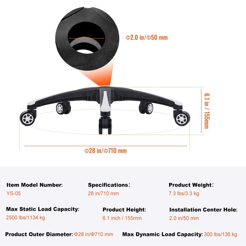 Toimistotuolin vahvistettu jalkaristikko 28 tuuman 5 pyörää 1134 kg musta ja valkoinen