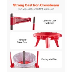 Manuaalinen hedelmä- ja viinipuristin ruostumaton teräskori 9 l T-kahvalla kolmiomaisella runkorakenteella