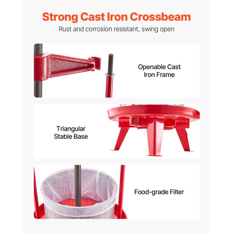 Manuaalinen hedelmä- ja viinipuristin ruostumaton teräskori 9 l T-kahvalla kolmiomaisella runkorakenteella