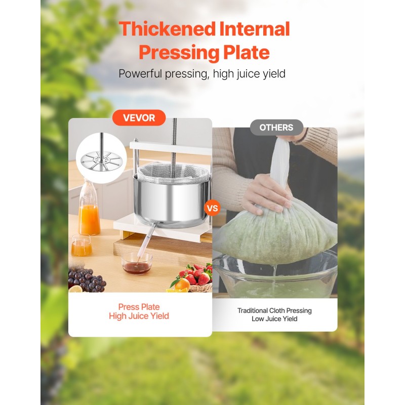 Hedelmäpuristin ruostumattomasta teräksestä kaksitoista litraa pöytämalli kaksi säiliötä kolmionmuotoisella kahvalla