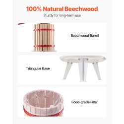 Hedelmä ja viiniprässi 18 l manuaalinen pyökkikorilla metallirungolla 8 tukipalikkaa