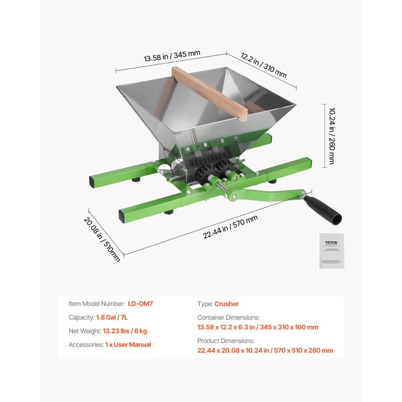 Hedelmä- ja omenamurskain ruostumatonta terästä 7 l käsikäyttöinen viiniin ja siideriin