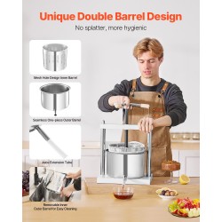 Käsikäyttöinen pöytämallinen hedelmä- ja viinipuristin 5 litraa 2 ruostumatonta terässäiliötä kolmionmuotoinen kahva