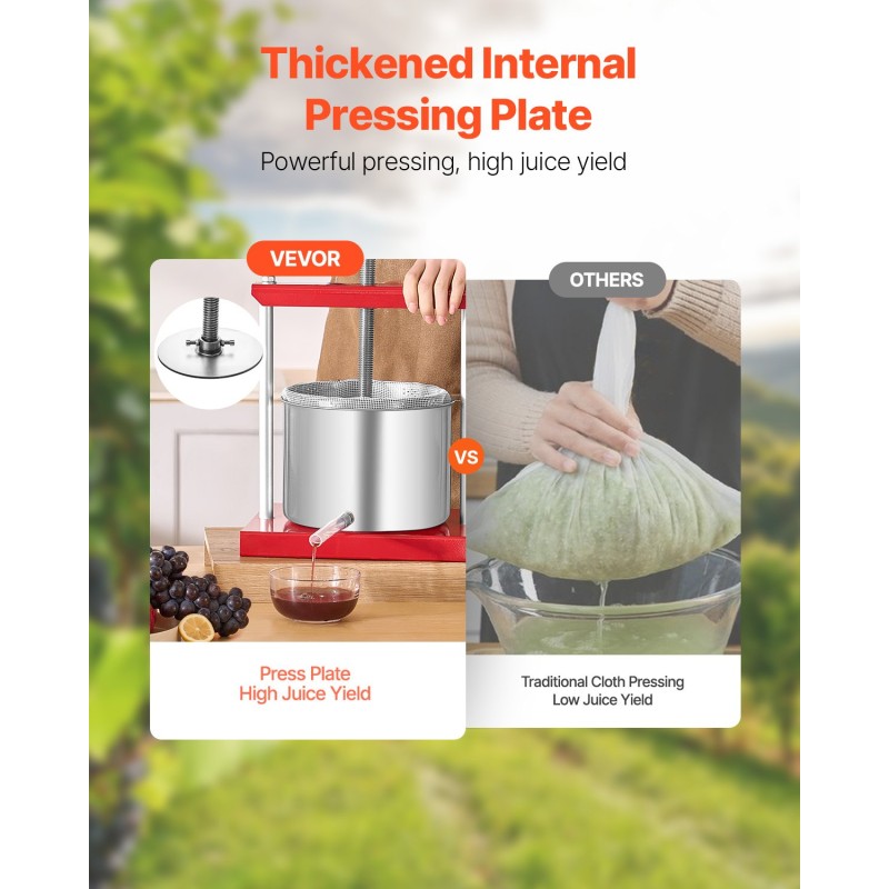 Manuaalinen hedelmä- ja viinipuristin 6 l 2 ruostumattomasta teräksestä tehtyä säiliötä T-kahvalla