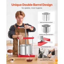 Manuaalinen hedelmä- ja viinipuristin 6 l 2 ruostumattomasta teräksestä tehtyä säiliötä T-kahvalla