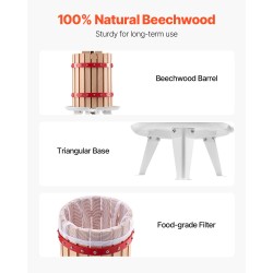 Manuaalinen pystymallinen mehupuristin kuuden litran pyökkipuinen kori kahdeksan tukipalikkaa raskaan käytön ruuvimekanismi