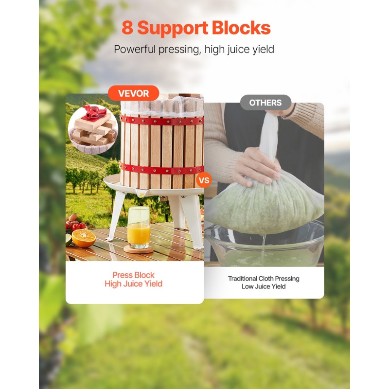 Manuaalinen pystymallinen hedelmä- ja viinipuristin 12 l pyökkipuinen kori metallirunko 8 tukipalikkaa