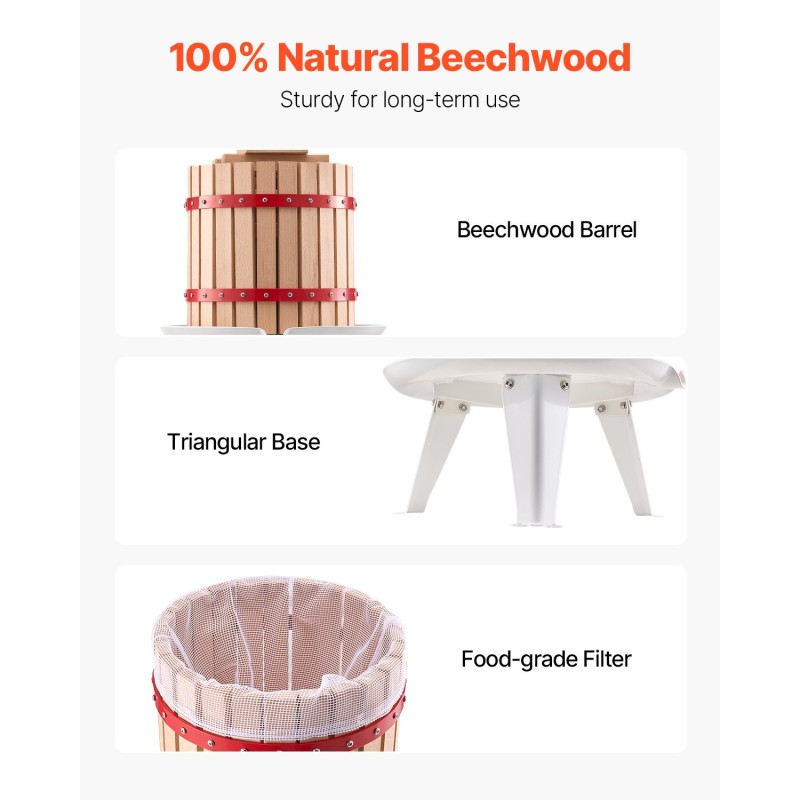 Manuaalinen pystymallinen hedelmä- ja viinipuristin 12 l pyökkipuinen kori metallirunko 8 tukipalikkaa