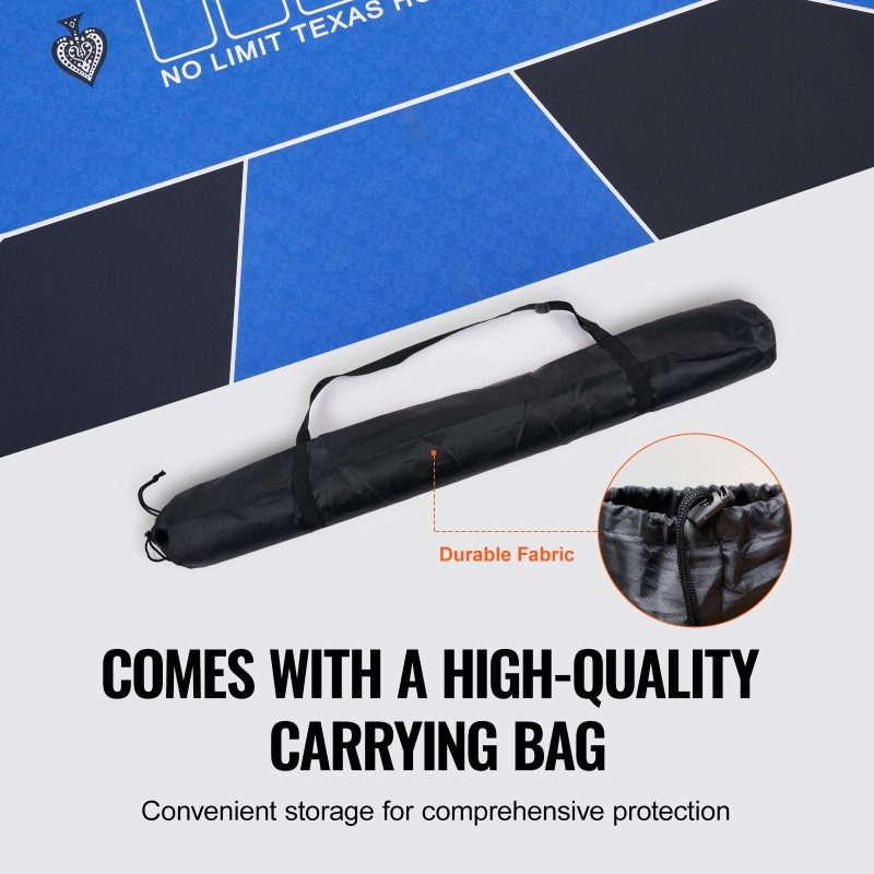 Pokerialusta luonnonkumipohjalla ja kangaspinnalla 1800 x 900 mm 6–8 pelaajalle sininen kantolaukku