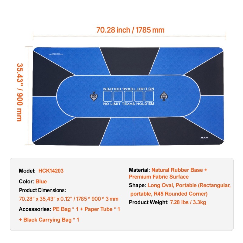 Pokerialusta luonnonkumipohjalla ja kangaspinnalla 1800 x 900 mm 6–8 pelaajalle sininen kantolaukku