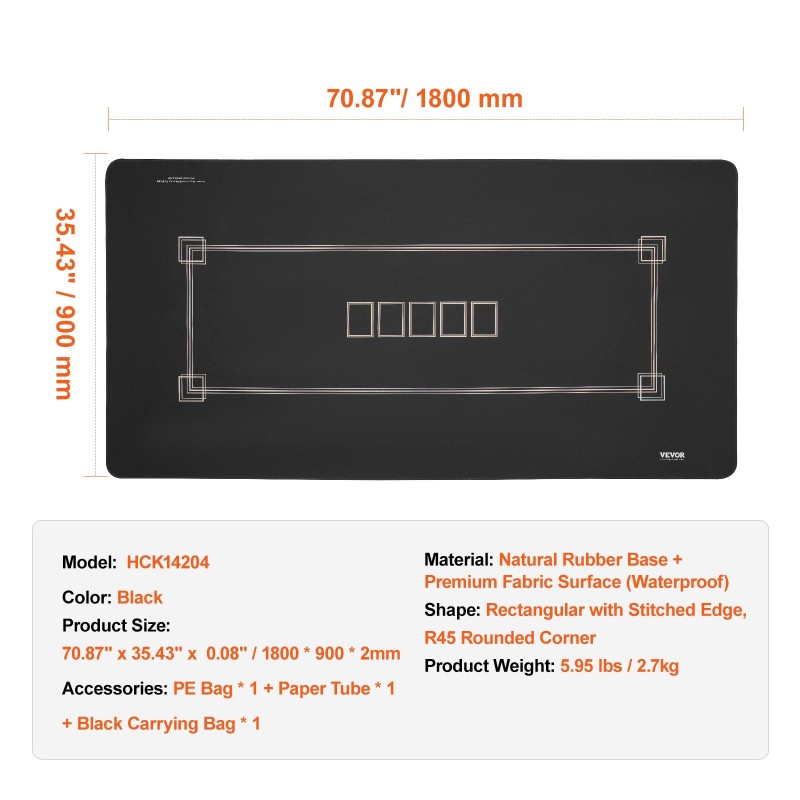 Pokeripöytämatto vedenpitävällä kangaspinnalla luonnonkumipohja 1800×900 mm 6–8 pelaajalle musta