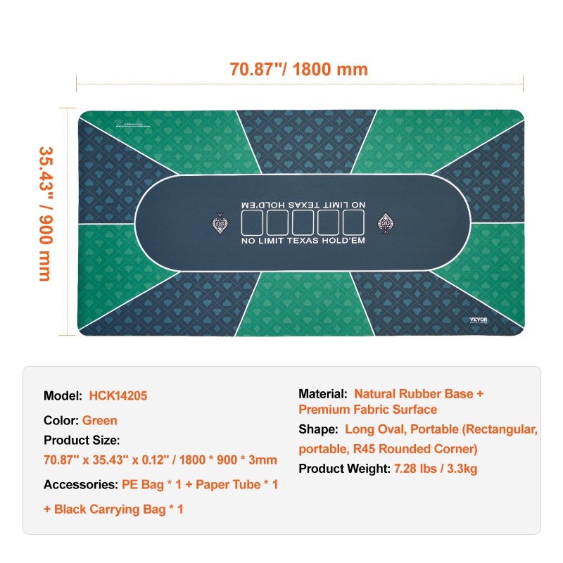 Pokerimatto 180x90 cm vihreä luonnonkumipohjainen kangaspinta 6–8 pelaajalle taitettava kantolaukulla