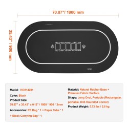 Pokerimatto kokoontaitettava luonnonkumipohjalla 1800×900 mm musta 6–8 pelaajalle kantolaukulla