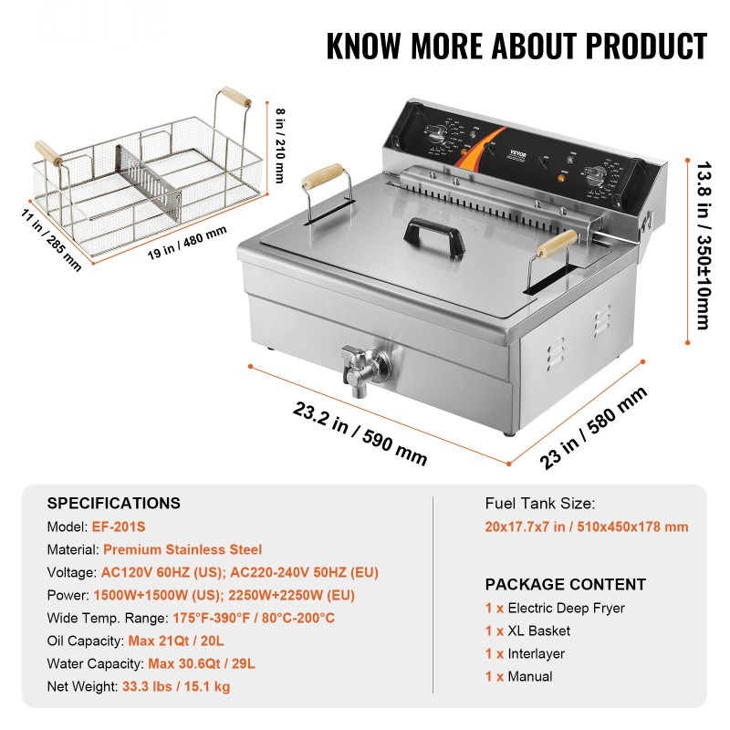 Sähköinen työtasomallinen syvärasvakeitin ruostumatonta terästä 20 litran öljytilavuudella 3000 wattia