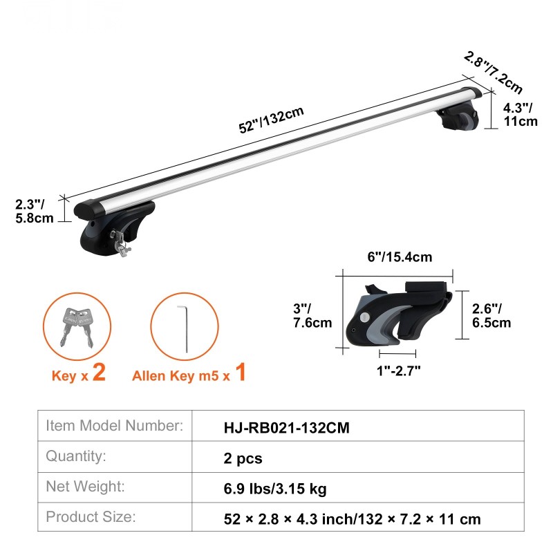 Kattotelineen poikkitangot pituus 132 cm 2 kpl korotetuille kattokaiteille