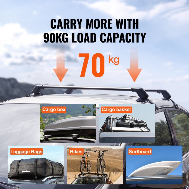 Alumiiniset kattokaiteet autoon ilman sivukaiteita 70 kg kantavuus säädettävät ja lukittavat