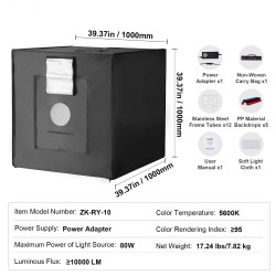 Valokuvausvalolaatikko 1000×1000×1000 mm 210 LED-valoa 5600 K verkkovirtasovitin