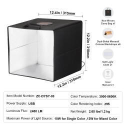 Valolaatikko 315x310x310 mm 120 LED-helmeä 3000–5600K säädettävä kirkkaus 6 kaksipuolista taustaa