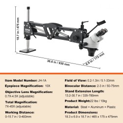 Monisuuntainen jalometallimikroskooppi 7–45x teleskooppivarrella integroidulla rengasvalolla säädettävällä kirkkaudella
