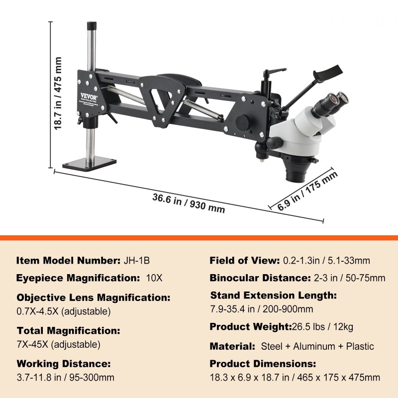 Korumikroskooppi portaattomasti säädettävä 7–45-kertainen suurennus jousivarsi USB-rengasvalo 360 asteen pallopuristin