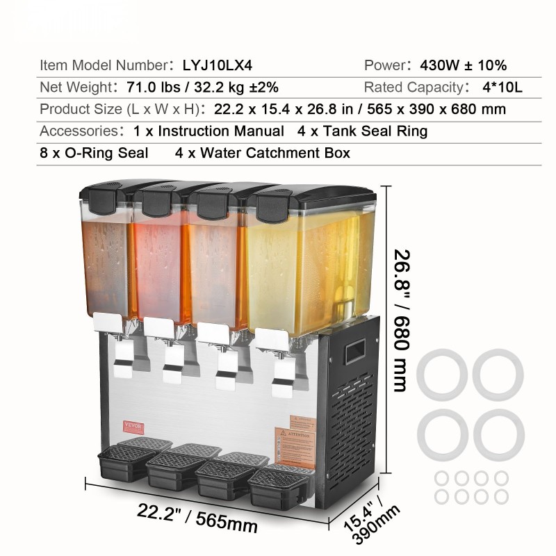 Kaupallinen juoma-annostelija 4 säiliötä 10 L elintarvikekelpoinen kylmille juomille