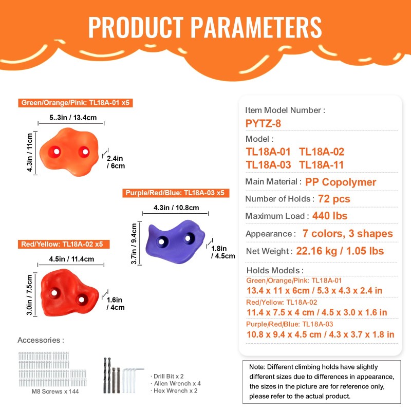 Kiipeilyotteet 72 kpl eri kokoisia monivärisiä PP-kopolymeeristä valmistetut sisä- ja ulkokäyttöön
