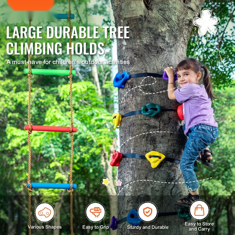 Puuun kiinnitettävä PP-kopolymeerinen kiipeilypidikesetti 12 pidikettä 6 hihnaa räikkäkiinnittimillä