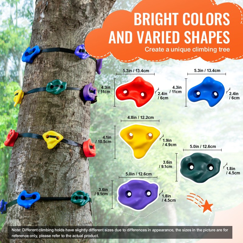 Puuun kiinnitettävä PP-kopolymeerinen kiipeilypidikesetti 12 pidikettä 6 hihnaa räikkäkiinnittimillä