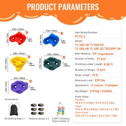 Puuun kiinnitettävä PP-kopolymeerinen kiipeilypidikesetti 12 pidikettä 6 hihnaa räikkäkiinnittimillä