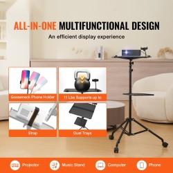 Projektoriteline kolmijalalla pyörillä säädettävä 795–1710 mm kaksi tasoa puhelinpidikkeellä