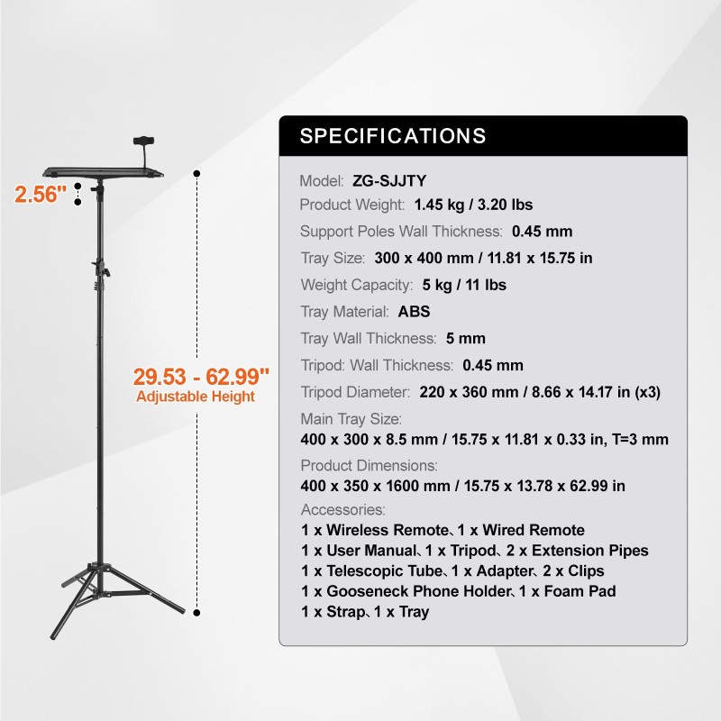 Projektoriteline kolmijalka säädettävä 685–1600 mm tarjotin 300×400 mm hanhenkaulainen puhelinpidike