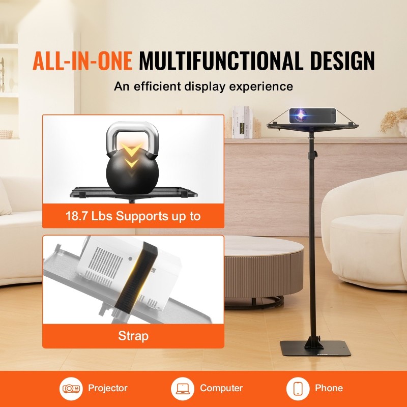 Lattiamallinen projektoriteline säädettävä 770–1610 mm muovitarjotin rautalevypohja 8,5 kg kantavuus