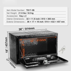 Alustan alle asennettava alumiininen säilytyslaatikko 914 x 432 x 457 mm lukolla