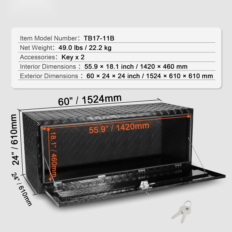 Alapuolinen säilytyslaatikko ajoneuvoon alumiiniseoksesta 1524×610×610 mm lukolla ja kahdella avaimella