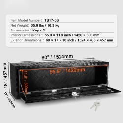 Alumiininen alalaatikko ajoneuvoon 1524x432x457 mm timanttipintainen lukittava T-mallinen kahva