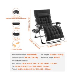 Taittuva painottomuustuoli 33 tuumaa leveä teräsrunko kestävä kangas musta säädettävä kallistuskulma