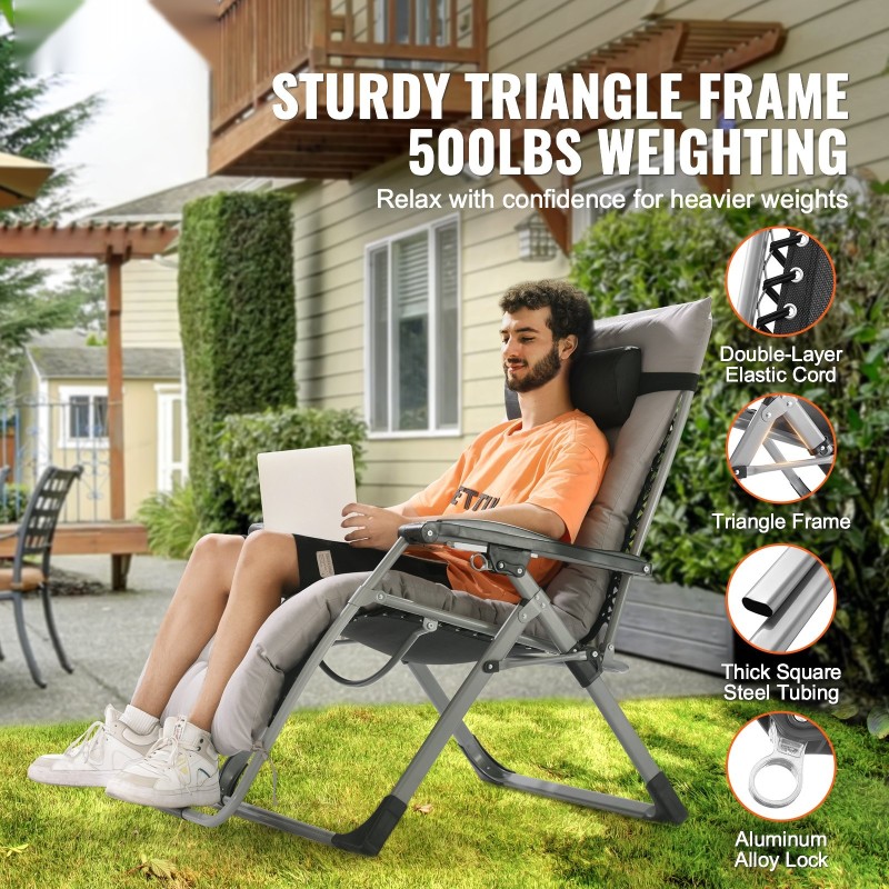 Taittuva 33-tuumainen painottomuuslepotuoli teräsrunko kestävä kangas irrotettava puuvillatyyny harmaa