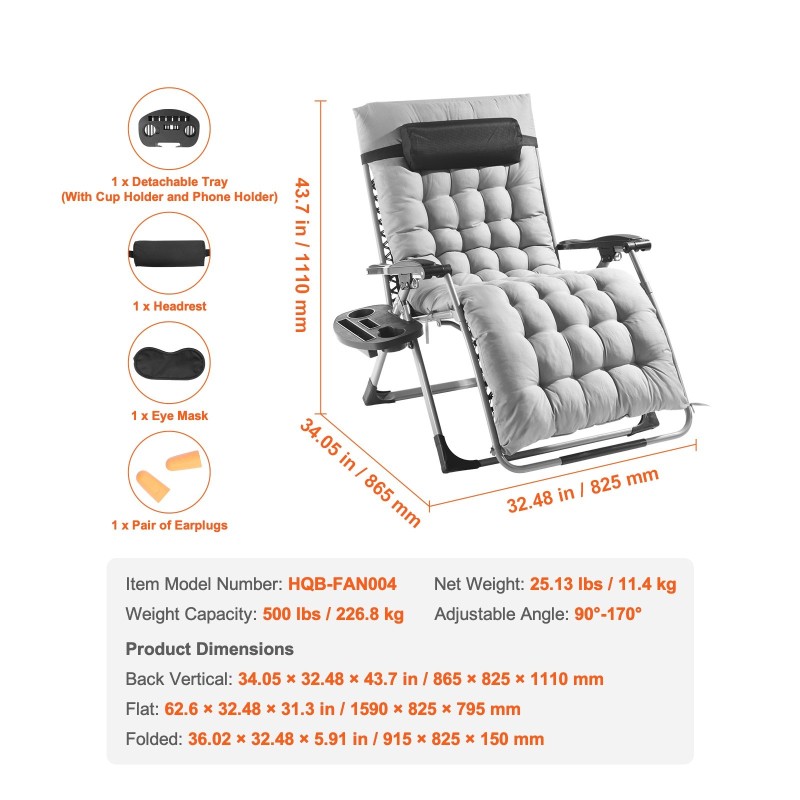 Taittuva 33-tuumainen painottomuuslepotuoli teräsrunko kestävä kangas irrotettava puuvillatyyny harmaa