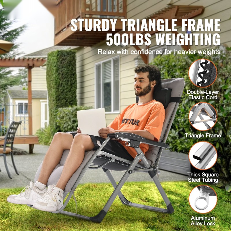 Taittuva säädettävä lepotuoli 26-tuumainen teräsrunko harmaa irrotettava puuvillapehmuste 226,8 kg kantavuus