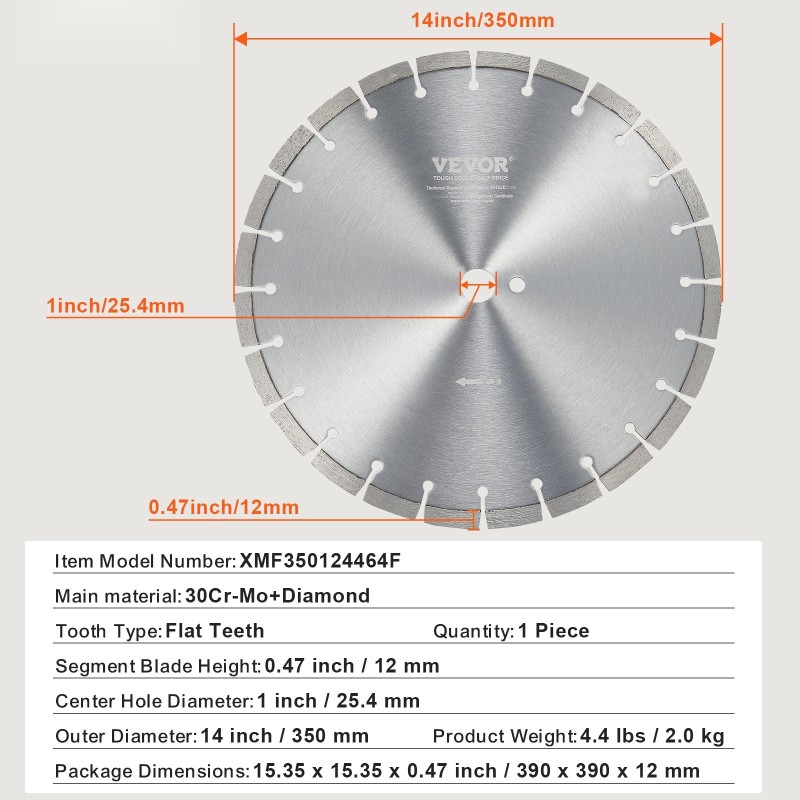 Timanttilaikka 350 mm betonille 12 mm segmenttikorkeus 25,4 mm keskiöreikä