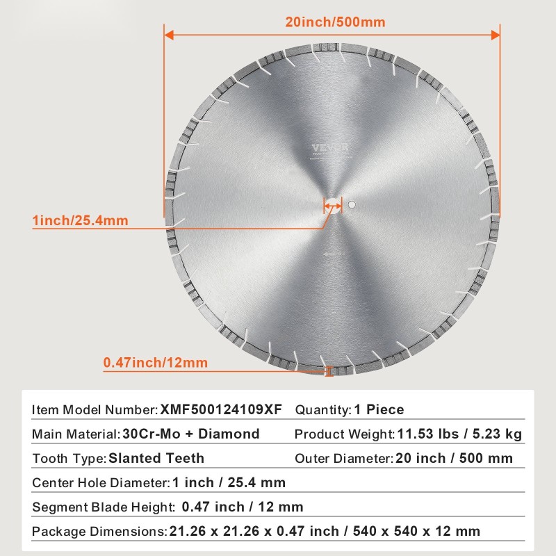 Timanttilaikka 500 mm seosteräksirunko timanttisegmentit 12 mm 1 kpl vinohampainen betonille