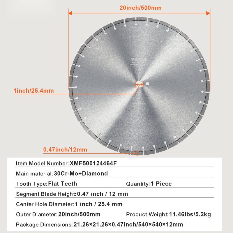 Timanttilaikka 500 mm 12 mm segmenttikorkeus 25,4 mm keskireikä kuiva ja märkä