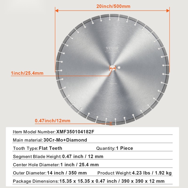 Timanttiterä betonisahaan 350 mm 10 mm timanttisegmentti 25,4 mm keskireikä