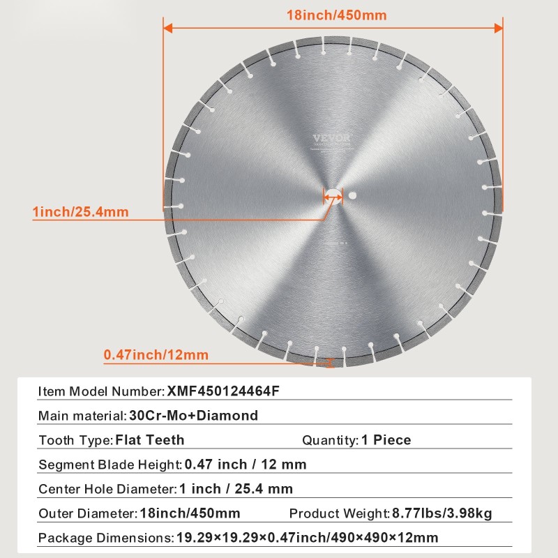 Timanttilaikka 450 mm 30Cr-Mo seosteräspohja timanttisegmentti 12 mm tasahampainen 25,4 mm keskireikä