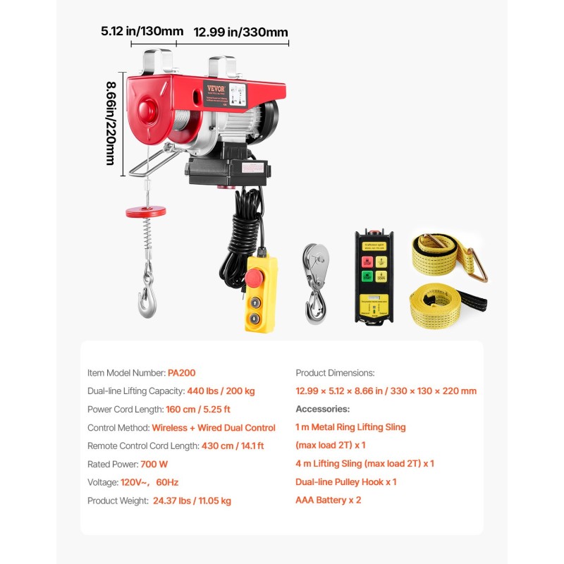 Sähkökäyttöinen vaijerivinssi seosteräksinen runko 200 kg langaton ja langallinen ohjaus